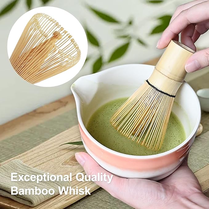 Pink Matcha Whisk Making Set - Japanese Tea Kit with Whisk Bowl and Bamboo Scoop Ceramic Chawan with Spout for Traditional Tea Ceremony Complete Matcha Making Tools Gift for Tea Lovers (Pink, 5 PCS)