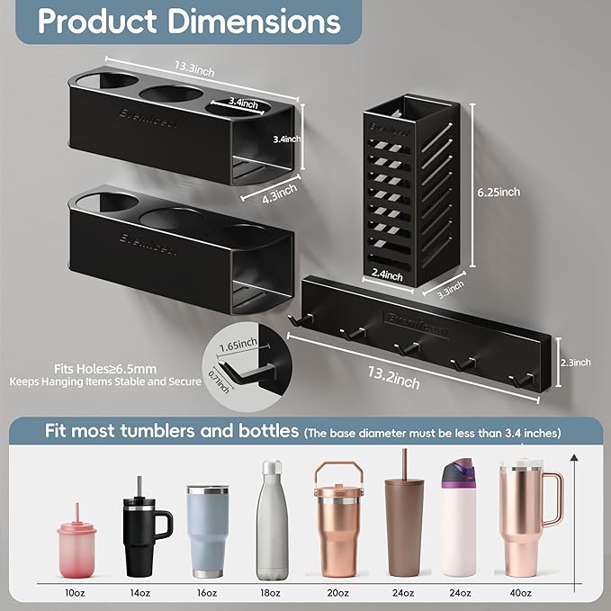 Magnetic Cup Holder for Fridge for 20/30/40 oz Stanley Tumblers Water Bottle Organizers 2 Pack & Lid Hooks with Straw Accessories Kitchen Storage (6 Cups, 5 Hooks)