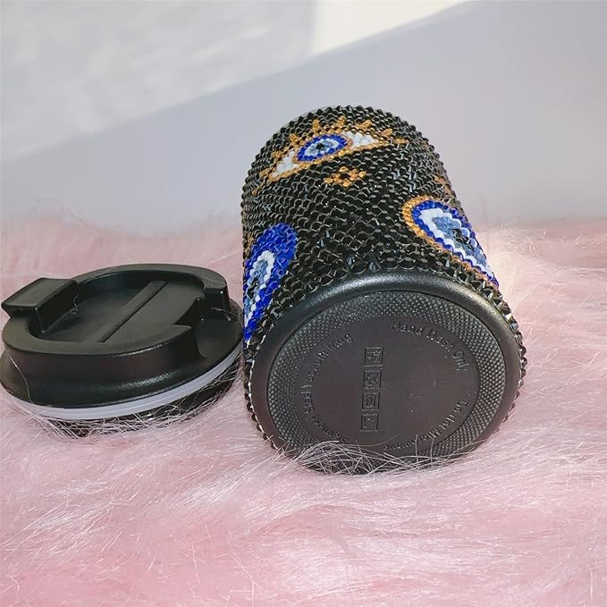 380ML Sparkle Black Crystal Evil Eyes Decorate Water Cup,Glitter Rhinestone Stainless Steel Keep Cold/Hot Coffee Mug