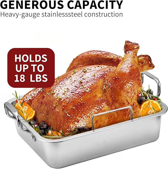 QPMR Roasting Pan with Cooling Rack - Stainless Steel Large Turkey Roaster Pan for Turkey, Chicken, Ham Roaster with V-Shaped Baking Rack Heavy Duty Dishwasher Safe