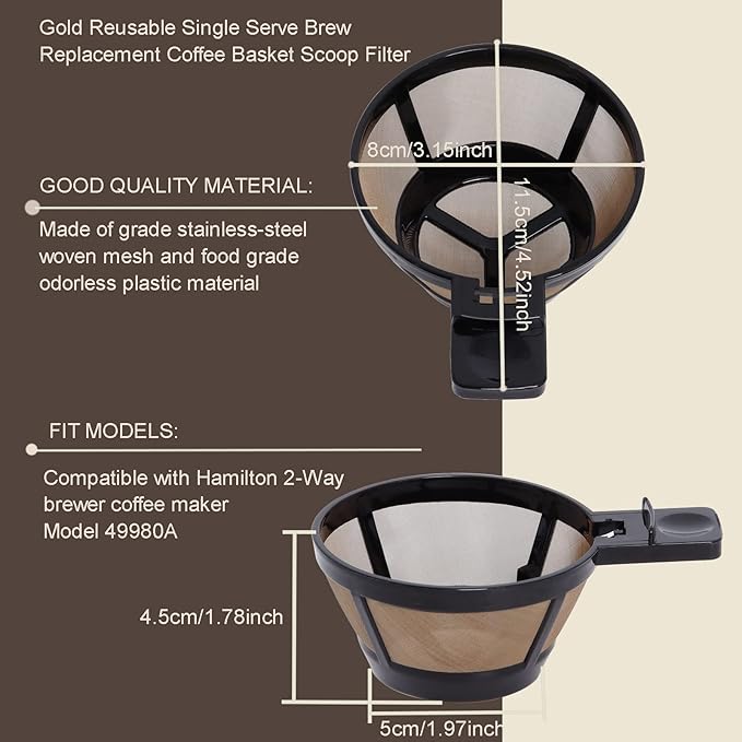 Reusable Single Serve Brew Coffee Basket Scoop,Gold Coffee Filters Replacement Compatible with Hamilton Beach 2-Way Coffee Makers 49980A, 49980Z, 47650, 49933 Accessories,Pack of 2