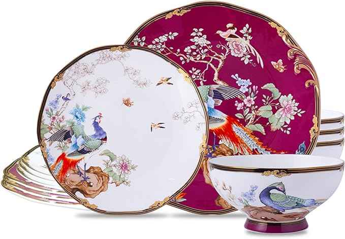 ACMLIFE Bone China Dinnerware Set, Porcelain Dinnerware Sets for 4, Vintage Floral China Dinnerware Set, Light Blue 12 Piece China Set Lightweight Bone China Dinner Sets Plates and Bowls Set (Red)