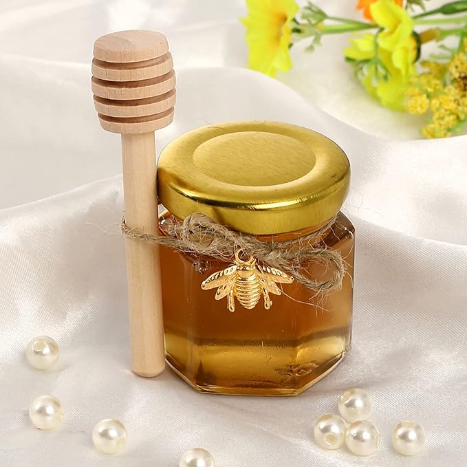 XING-RUIYANG 1.5 oz Hexagon Mini Glass Honey Jars -30Pack Honey Jars with Wood Dipper, Gold Lid, Bee Pendants, Jutes - Perfect for Baby Shower, Wedding Favors, Party Favors