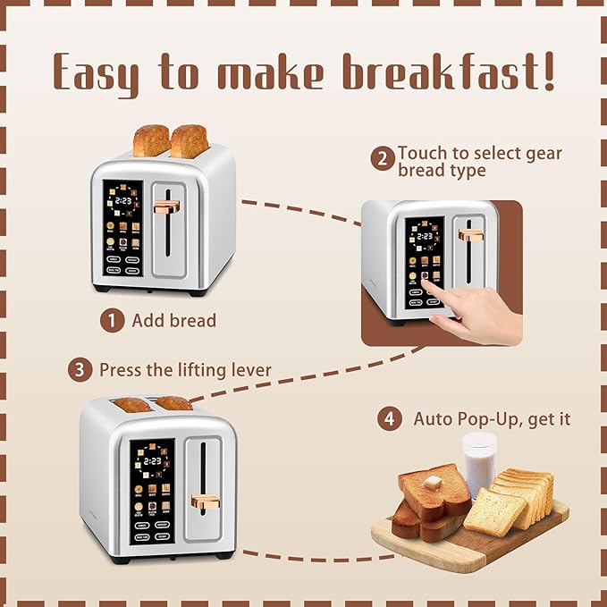 SEEDEEM Toaster 2 Slice with Touch Screen, Faster Heating Speed, 7 Shade Setting, 6 Bread Type, 1.5”Wide Slots Toaster, Removable Crumb Tray, 1350W, Silver Metallic