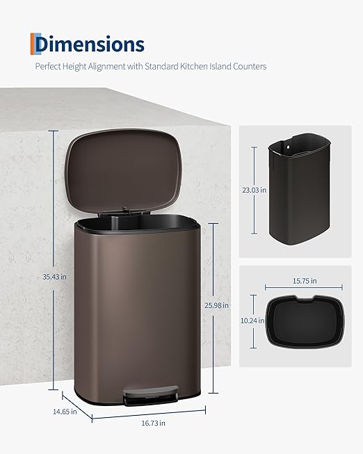 Garvee 13 gal / 50 L Metal Kitchen Trash Can with Lid, Large Rustproof Garbage Can for Kitchen, Step-on Trash Bin with Inner Bucket, Rear Handle, Soft Close Lid, Brown