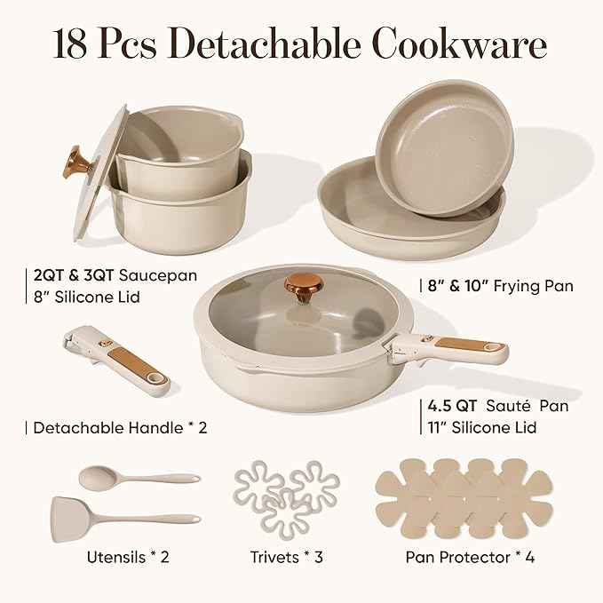 CAROTE 18Pcs Ceramic Cookware Set with Detachable Handle, Pots and Pans Set Non Stick, Non Toxic Cookware Set Removable Handles, Induction Kitchen Cookware Sets, Dishwasher/Oven Safe