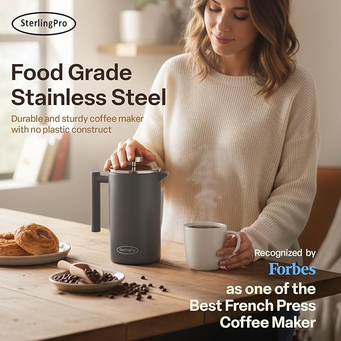 SterlingPro Stainless Steel French Press Coffee Maker 1 L (34 oz) Grey – Double Walled Insulated Large Coffee Press, Durable Design Keeps Drinks Hot, Easy to Use and Clean for Rich Flavor Brewing