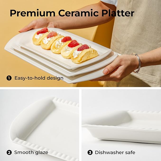 LIFVER Extra Large Serving Platters, 16"/14"/12" Ceramic Rectangle Serving Trays, Serving Dishes for Entertaining, White Platters for Serving Food Party, Turkey Platter for Thanksgiving, Set of 3