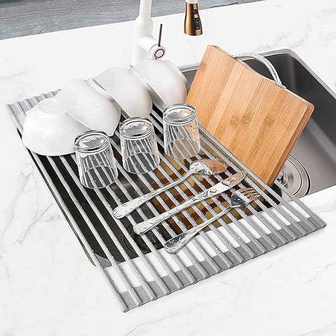 MERRYBOX Roll Up Dish Drying Rack, Over The Sink Dish Rack Foldable, Heat-Resistant, Anti-Slip Silicone Coated Steel Dish Drainer for Kitchen Sink, Multipurpose Roll Up Sink Drying Rack, 17.5" x 13"