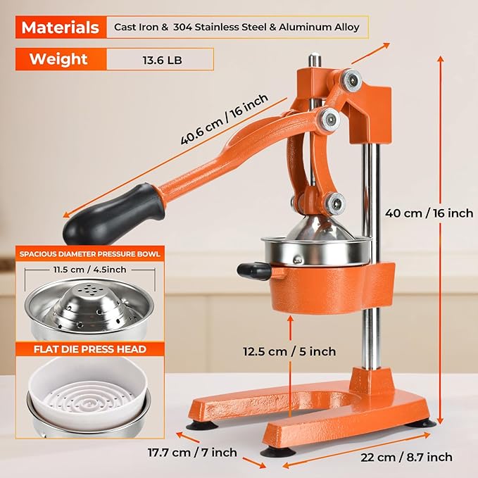 ROEDEER Heavy-Duty Manual Citrus Juicer – Cast Iron Orange Juicer Squeezer, Dual-Die Head, Manual Juicer, Citrus Squeezer, Lemon Juicer Manual & Pomegranate Juicer for Fresh Juice (Orange)