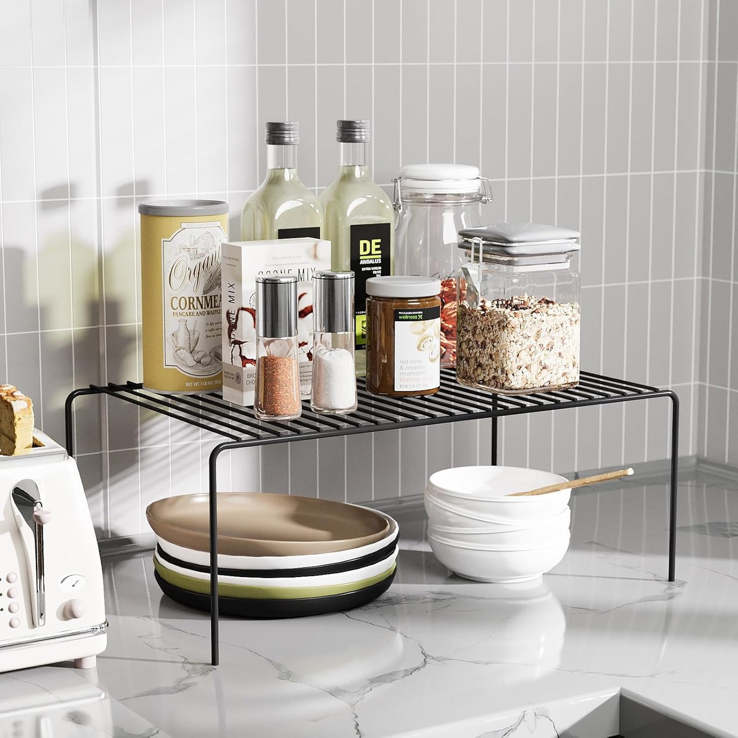 Medium(13 x 9.4 inch)Black Cabinet Storage Shelf Rack Set of 6, Rustproof Metal Wire Kitchen Counter Organizers and Storage, Spice Organization for Cabinet, Plate, Dish, Pantry, Bathroom, Fridge
