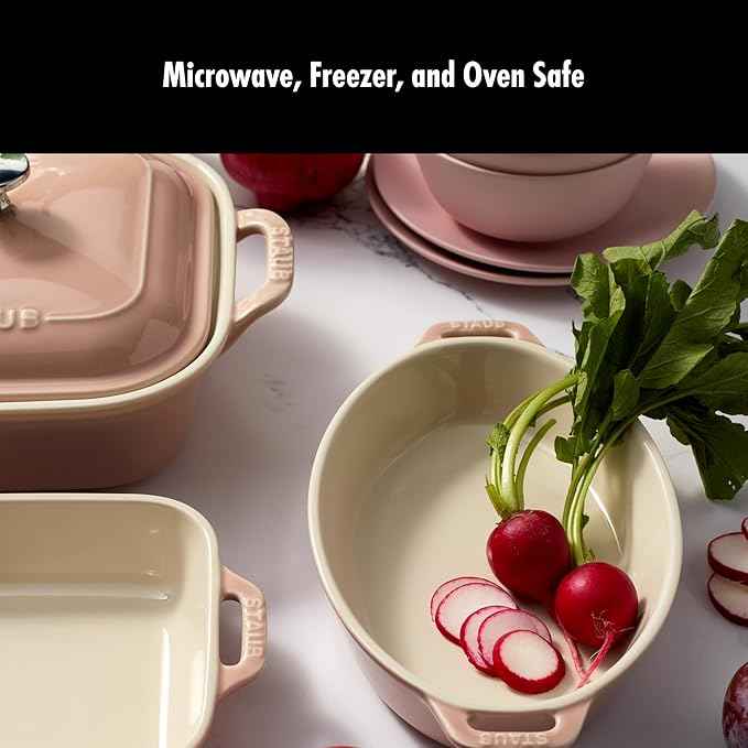 Staub Ceramic 4-pc Baking Pans Set, Casserole Dish with Lid, Brownie Pan, Light Pink