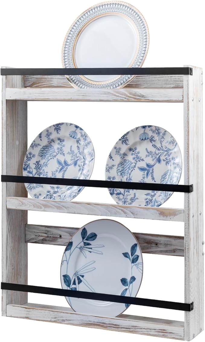 MyGift Wall Plate Display Rack, 3 Tier Farmhouse Whitewashed Wood Wall Mounted Plate Storage Rack, Holds 6-10inch Plates