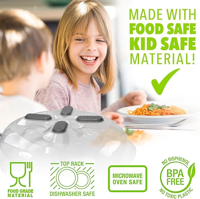 HOVER COVER Magnetic Splatter Cover, 12-Inch Clear BPA-Free Food Lid, Vented Plate Guard with Steam Vents, Anti-Splash Microwave Lid, Dishwasher Safe, Space-Saving Magnetic Storage - Graphite