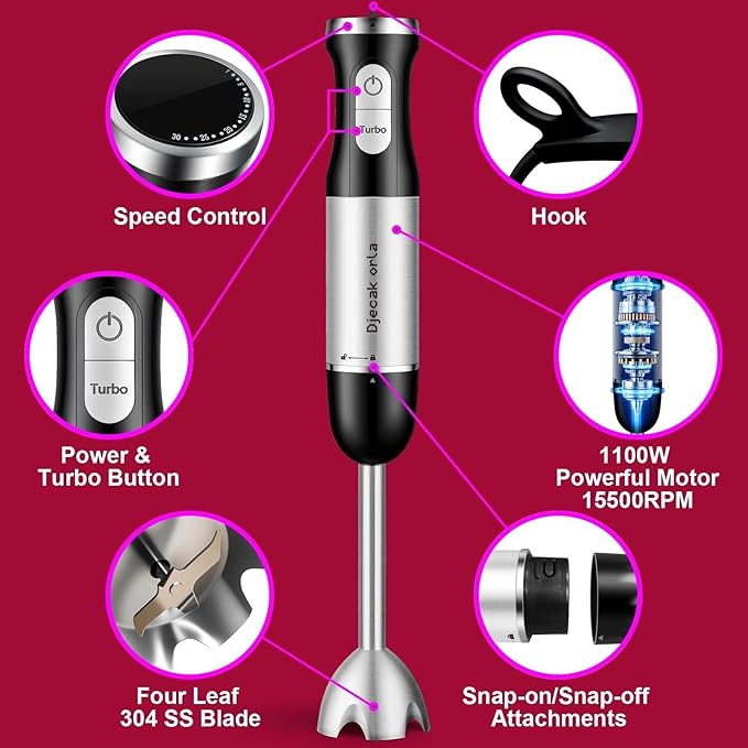 Upgraded 1100W 5-in-1 Immersion Hand Blender – 30 Speed Settings, Up to 15,500 RPM, Handheld with Milk Frother & Food Processor, Black