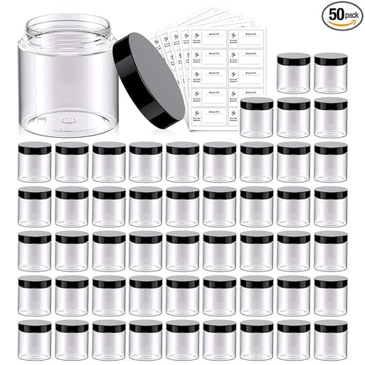 50 Pack 4 OZ Plastic Jars Round Clear Cosmetic Container with Black Lids, Eternal Moment Slime Jars for Lotion, Cream, Ointments, Makeup, Eye shadow, Rhinestone, Samples, Pot, Travel Storage