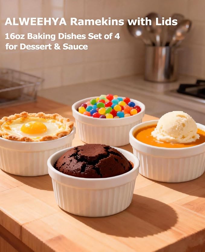 Ramekins 16 oz Oven Safe, Creme Brulee Ramekins with Lids, White Ceramic Souffle Dishes Ramekin, Mini Baking Bowls with Cover Set of 4, Ramekin Assorted Sizes - Dishwasher and Oven Safe