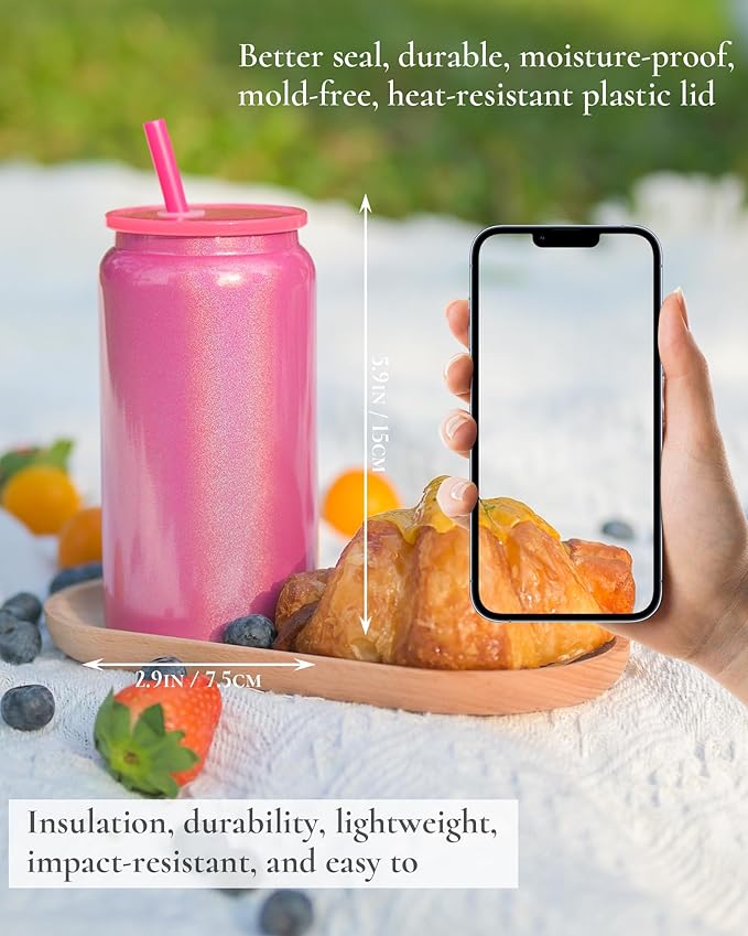 Glass Cups with Lids and Straws, 16oz Stainless Steels Cups, Beer Cups, Iced Coffee Cup, Smoothie Cup, Sublimation Tumbler, Fuchsia (Shiny Polished Finish, Sublimatable)
