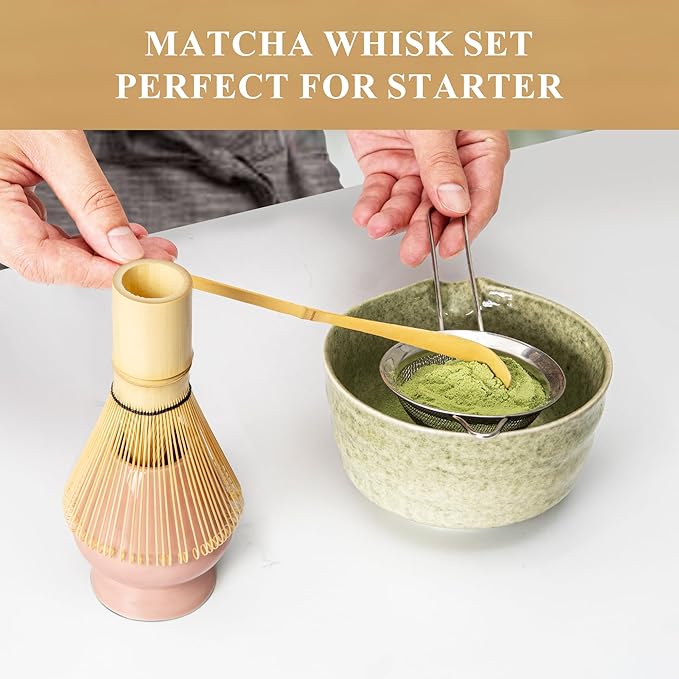 Matcha Whisk Set Pink, Matcha Making Kit Whisk (Chasen Holder), Ceramic Whisk Holder, Bamboo Scoop, Powder Starter Sifter, Spoon Japanese Tea Tools For Ceremony Gift