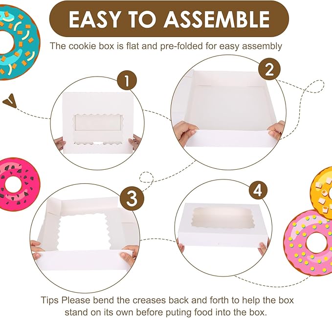 Moretoes 40pcs Cookie Boxes, 14x10x2.5 Inch Auto-Popup Bakery Boxes with Window, for Donuts, Pies, Cakes, Muffins, and Pastries