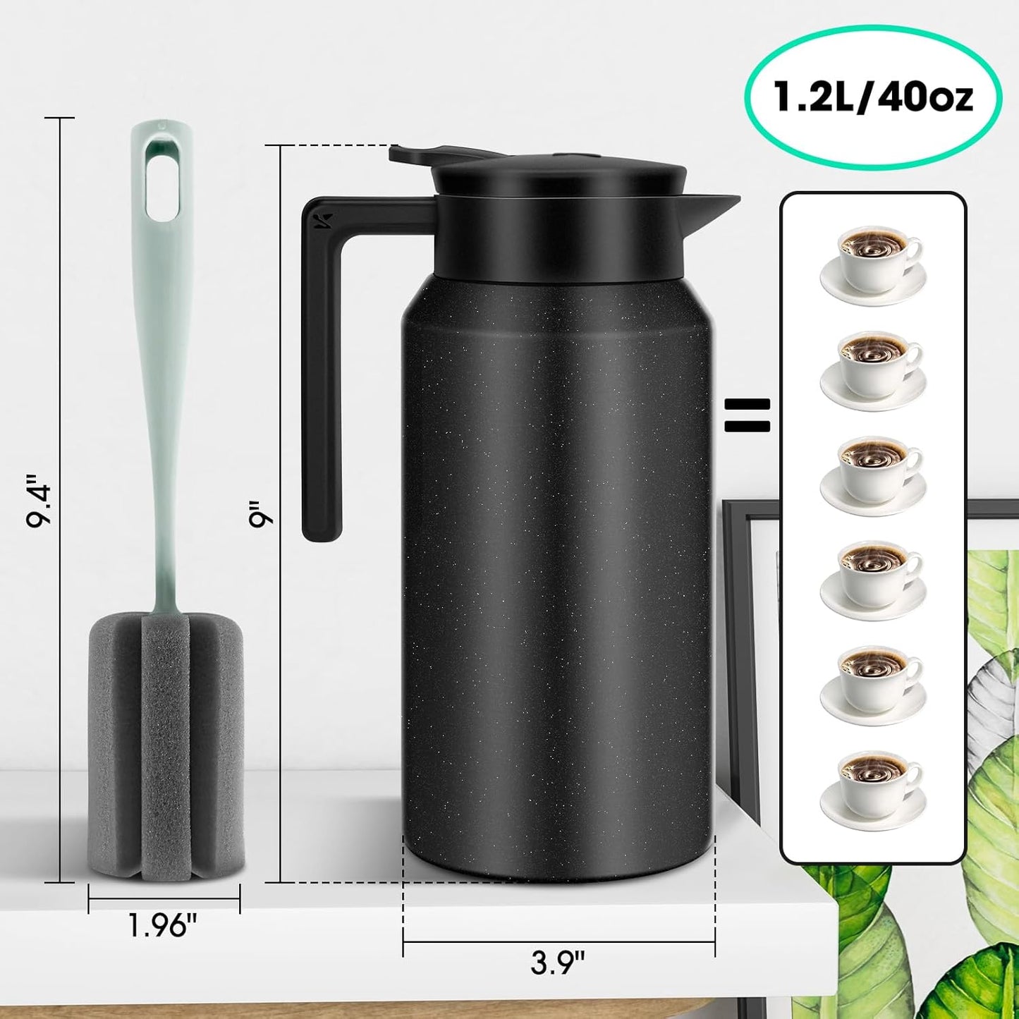 ShineMe Thermal Coffee Carafe, 40oz(1.2L) Stainless Steel Coffee Carafe for Keeping Hot Liquids, Travel Size Insulated Thermal Carafes for Coffee, Tea, Water, Beverage Dispenser(Black)