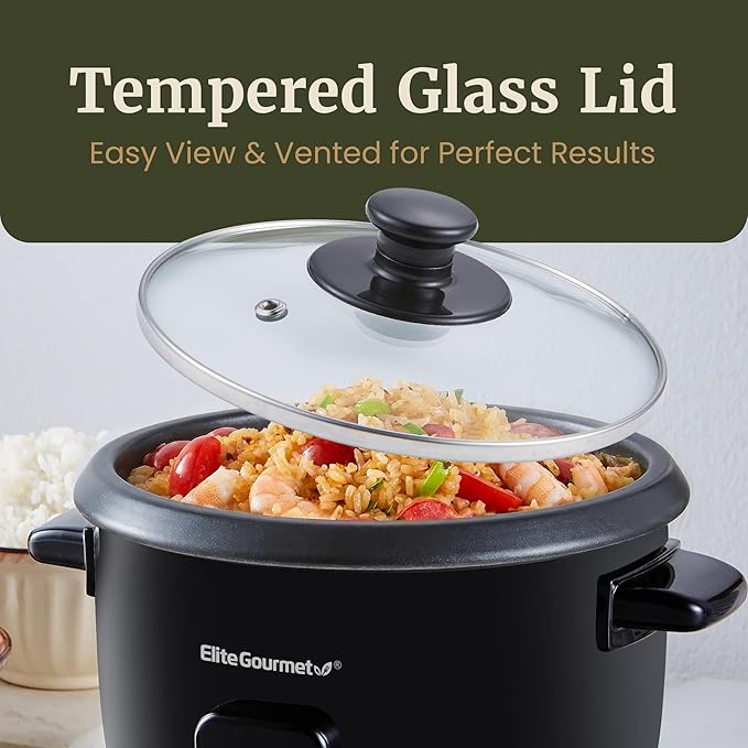 Elite Gourmet Electric Rice Cooker with Steam Tray and Non-Stick Inner Pot Makes Soups, Stews, Grains, Cereals, Keep Warm Feature, 6 Cups Cooked (3 Cups Uncooked), Black
