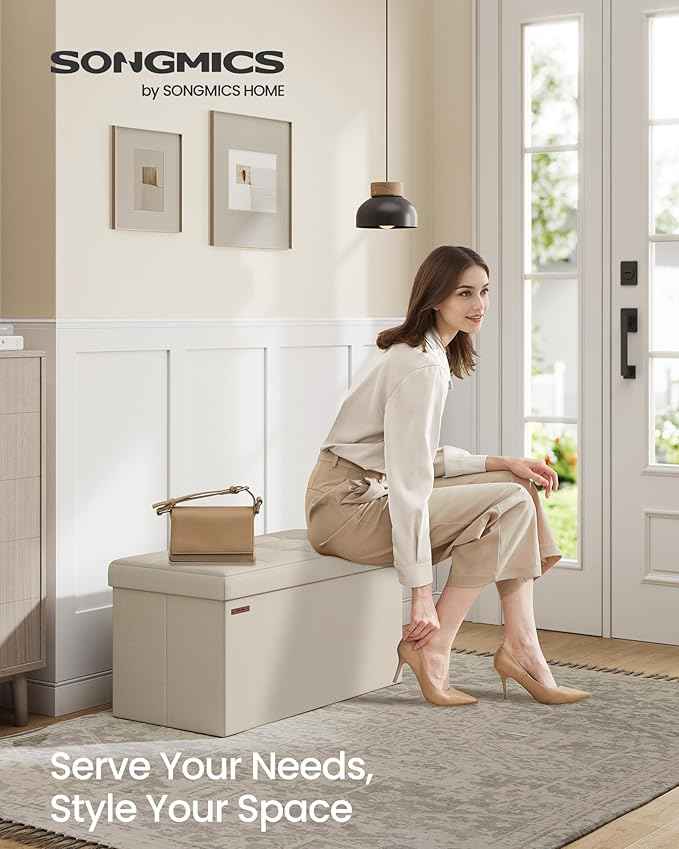 SONGMICS MAZIE Collection - 30 Inches Folding Storage Ottoman Bench, Ottoman Foot Rest, End of Bed Bench, Storage Chest, Load 660 lb, for Living Room, Bedroom, Entryway, Cream White ULSF47BE