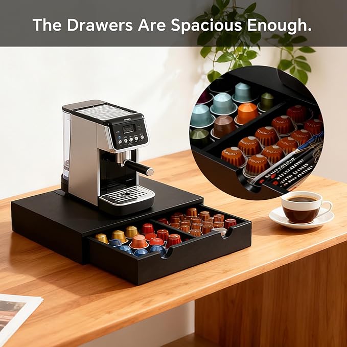 Coffee Pod 15" X 11" X 3" Natural Wood Countertop Organizer Drawer, Counter Top Espresso Tea Bag Station Storage Holder Box, Black