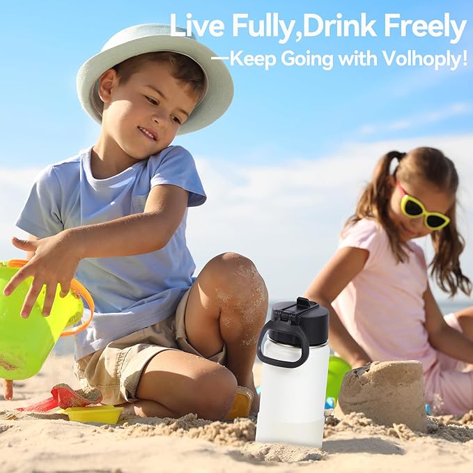 Volhoply 14oz KIds Stainless Steel Insulated Leakproof Water Bottle with Straw Lid and Silicone Boot,BPA-Free Easy Use for Boys&Girls,Double Wall Vacuum Bottles(White,1)