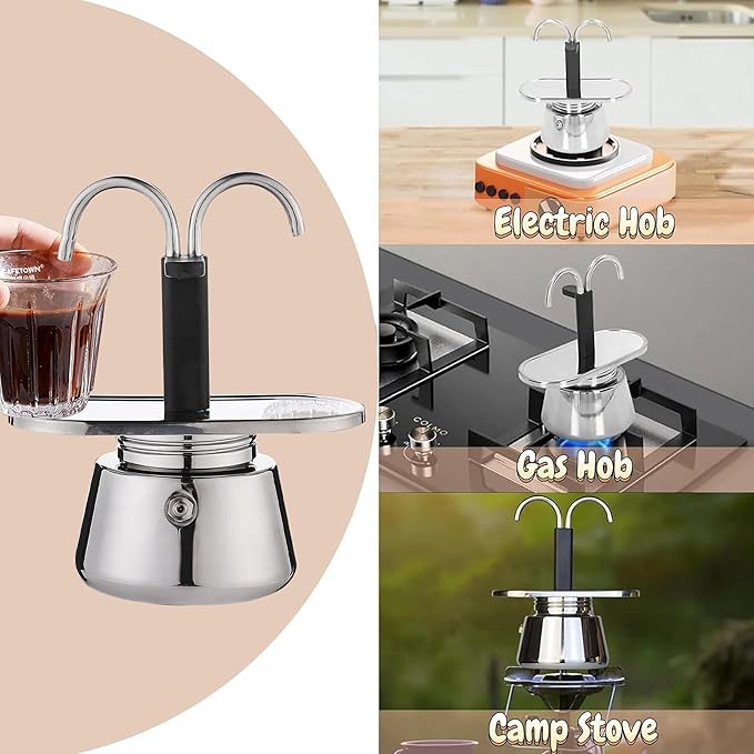 Stainless Steel Moka Pot,2 Cup Stovetop Double Spout Espresso Maker, Easy to operate, Making Coffee Quickly,100ML Moka Pot for Home Outdoor Camping