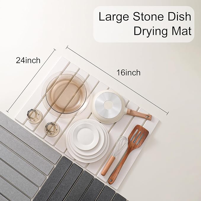 Large Stone Drying Mat for Kitchen Counter, 24''L x 16''W Diatomaceous Earth Collapsible Dish Drying Mat, Quick Drying Mat, Glasses and Flatware, Matches Any Countertop (White, 24'' x 16'')