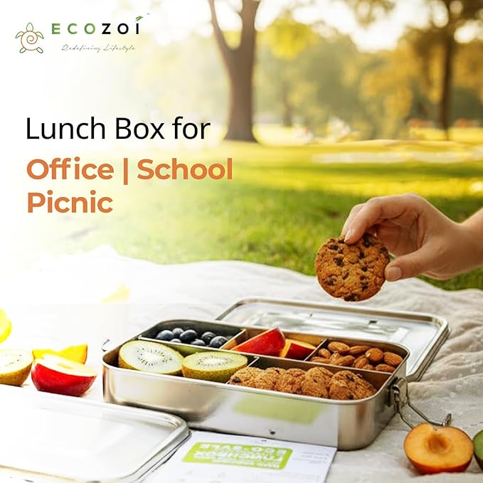 ecozoi Stainless Steel Lunch Box, 1-Tier Metal Bento Box Leak Proof with 5 Compartments, 50 Oz Metal Lunch Container, Meal Prep Food Container, with 50 ml Sauce Container