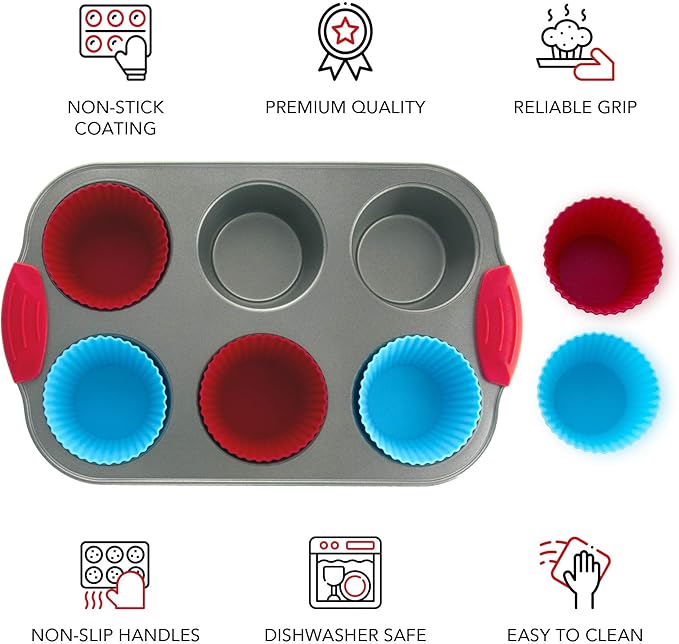 Boxiki Kitchen Duo: Non-Stick Steel Jumbo 6-Cup Muffin Pan with Silicone Handles & Reusable Liners + 10-inch Nonstick Springform Pan with Silicone Handles.