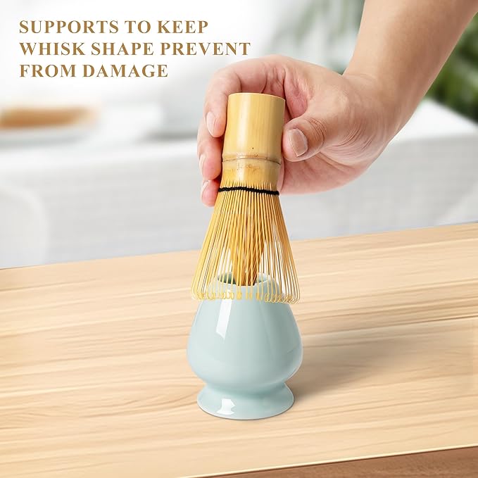 Matcha Whisk Set, Matcha Making Kit Whisk (Chasen Holder), Ceramic Whisk Holder (Light Blue), Bamboo Scoop, Powder Starter Sifter, Spoon Japanese Tea Tools For Ceremony Gift