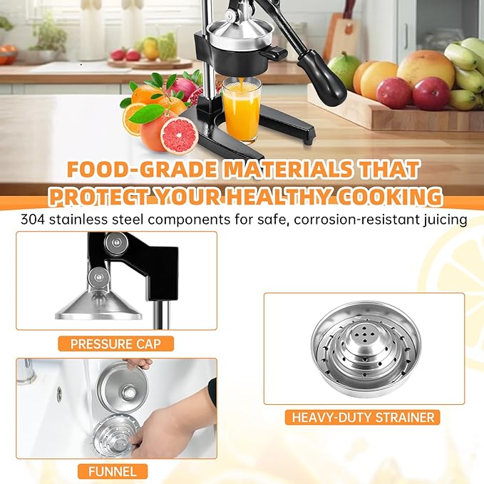 Cast Iron Manual Citrus Juicer, Heavy Duty Hand Press Juicer for Orange, Lemon and Pomegranate, Orange Juicer for Countertop, Commercial Grade for Home Kitchen and Bar, Easy to Use and Clean