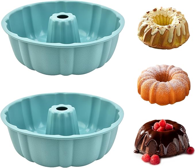 PADELE 2 Pack Silicone Cake Pan Nonstick,10 Inch, Silicone Cake Molds,Pound Cake Pan, Baking for Jello,Gelatin,Cake,Brownie and Bread (Blue+Blue)