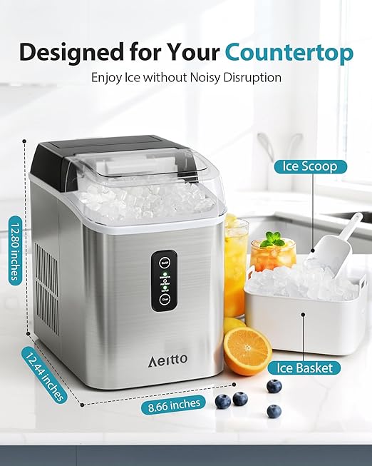 Aeitto Nugget Ice Maker Countertop, 42lbs/24H Ice Machine with 1.5L Water Tank, Rapid Ice Release in 6 Mins, Self-Cleaning Pebble Ice Maker with Basket and Scoop for Home Office RV and Party, Silver