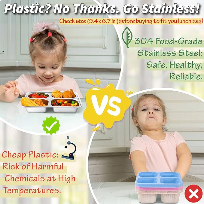 Stainless Steel Snack Containers with Lids - 3 Pack - Large 4-Compartments Bento Snack Boxes - Meal Prep Lunch Containers for Kids Adults - Divided Food Storage Container for School Home Travel