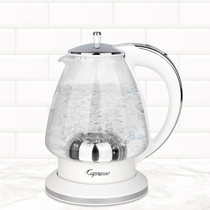 Capresso H2O Glass Kettle, 240.02, White and polished chrome, 48 ounces