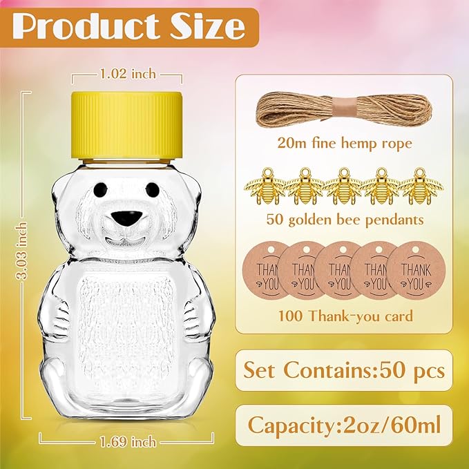 50 Pack Plastic Honey Bear Bottles Jars, 2 oz Honey Bear Cup with Lids Mini Bear Shape Empty Honey Bear Bottle Honey Containers Bulk Jam Juice Candy for Wedding Gifts Baby Shower Favors
