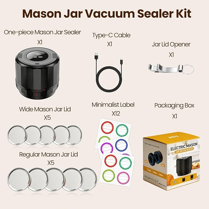 M11 Electric Mason Jar Vacuum Sealer Kit - with Wide and Regular Mouth Mason Lids, Jar Vacuum Sealer for Canning Jars, Vacuum Sealing Machine for Food Storage Black