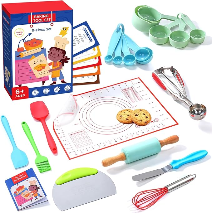 Vinino 11-Piece Kids Baking&Cooking Set – Real Baking Utensils with Cookbooks for Children, Toddler Safe Montessori Kitchen Accessories-Gift for Young Chefs Girls Boys Ages 6+