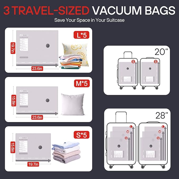 VMstr 15 Pack Travel Vacuum Storage Bags With High Pressure Electric Pump(DC Power), Compression Sealing for Clothes and Clothing Luggage Suitcase Packing, Carry-on Travel Size