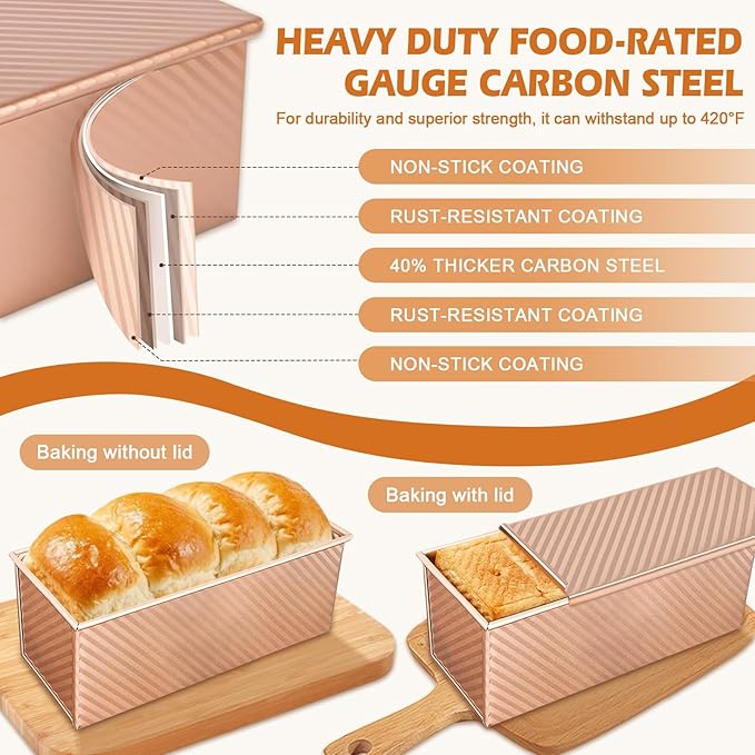 2Pack Bread Loaf Pan with Lids 1 LB Dough Capacity, Non-Stick Carbon Steel Pullman Loaf Pan for Homemade Sandwich and Sourdough Bread, Corrugated Toast Mold Gold