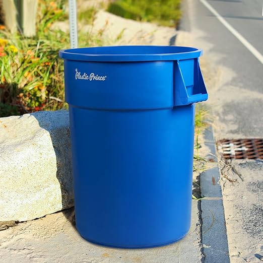 PLASTIC PRINCE 44 Gallon Round Trash Can with Lid and Dolly Blue Plastic Commercial Garbage Container for Home Garage Restaurants Warehouses - Bundle