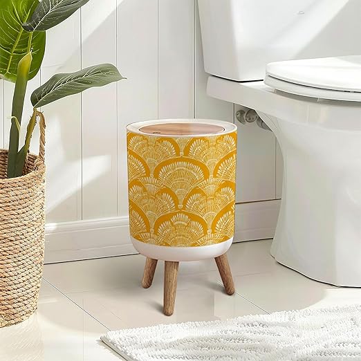 Trash Can with Lid seamless repeat abstract bohemian geometric white mustard yellow Press Top Round Small Garbage Bin with Wooden Legs Waste Basket for Kitchen Bedroom Nursery 7L/1.8 Gallon