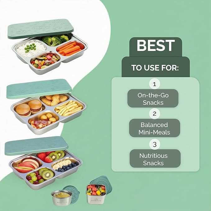 Stainless Steel Lunch Box for Kids 5 and Older – 3 Pieces Stainless Steel Bento Box with 4 Compartments & 2 Snack Containers – Leak Proof, BPA-Free, Eco-Friendly, Dishwasher Safe & Durable – Green