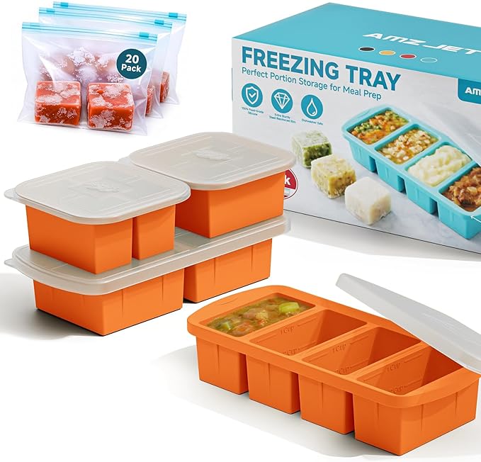 4 Pack Silicone Freezer Trays with Lid - Multi-Size 1-Cup & 2-Cup Portions, Food-Grade Silicone Freezer Molds for Soup & Meal Prep - Large Freezer Storage Containers, Oven & Dishwasher Safe - Orange