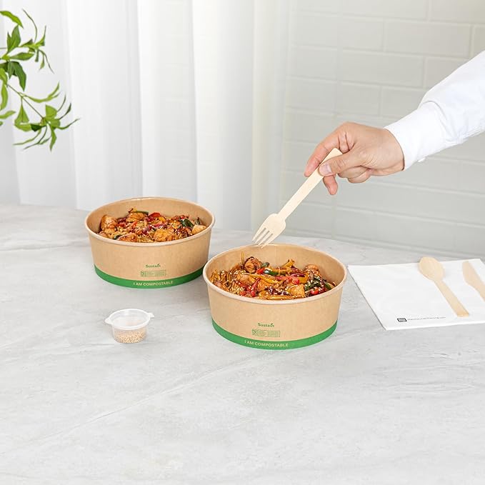Restaurantware Compostable Paper Food Containers 50 Pack Of 50 oz BPI-Certified Round Kraft Salad Bowls Disposable Grease-Resistant Meal Prep Take Out Containers For Ice Creams, Soups, Snacks