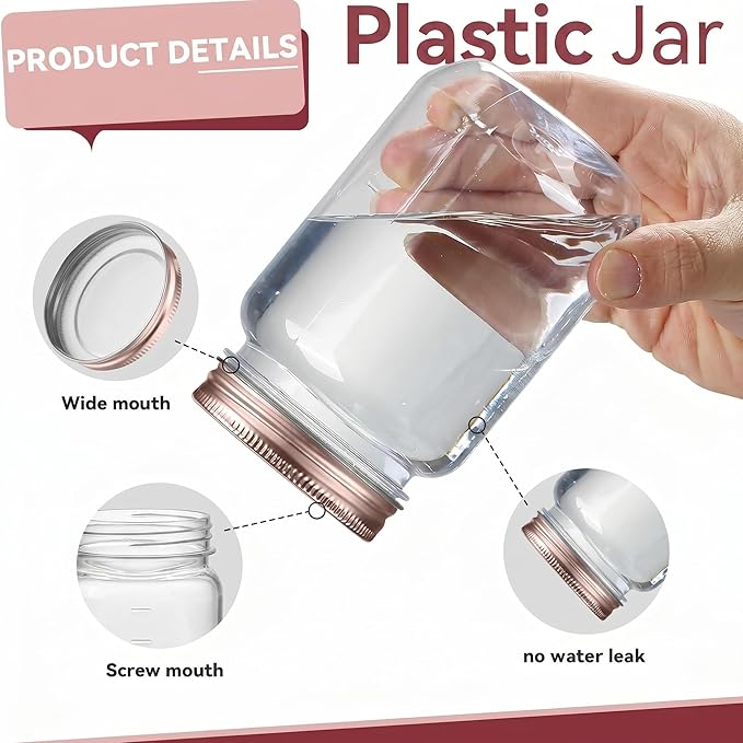 novelinks 16 oz Clear Plastic Jars with Lids, Refillable 16oz Mason Jars with Lids & Storage Containers for Kitchen & Household Use (24 Pack,Rose Gold)
